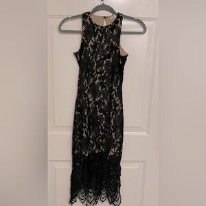 Sleeveless Black Lace Midi Dress with Nude Lining